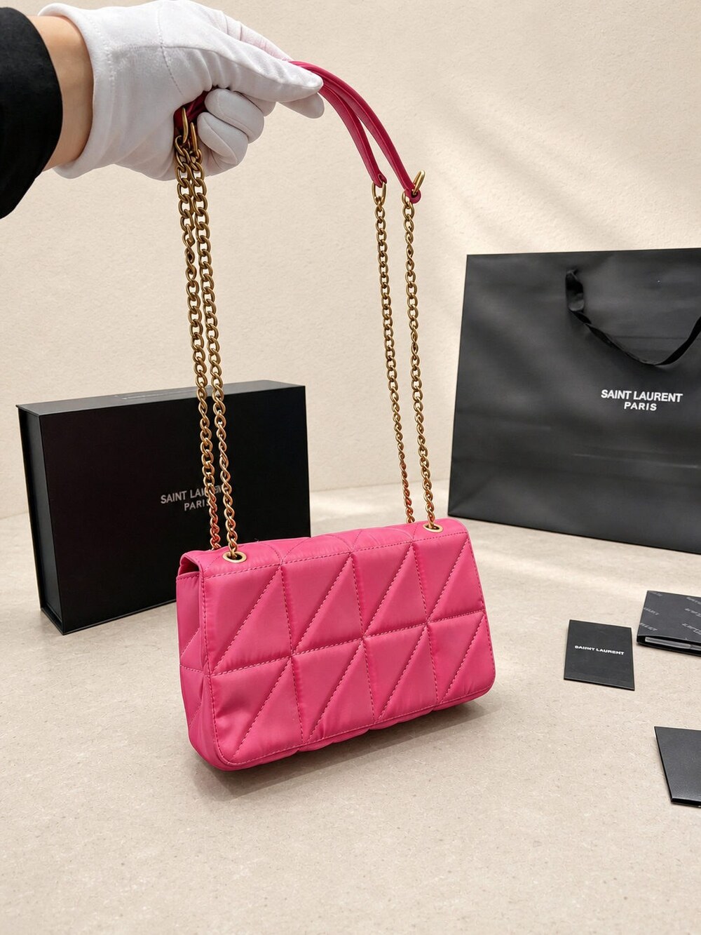 Yves Saint Laurent Quilted Pink Satin Handbag with Gold Chain Handle - Picture 6 of 6